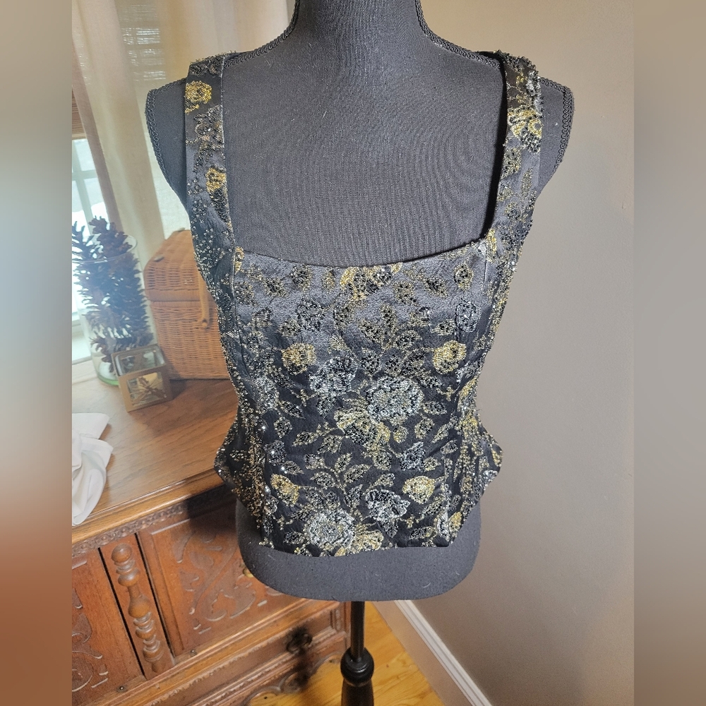 VINTAGE KAY UNGER FLORAL BROCADE BEADED BUSTIER TOP